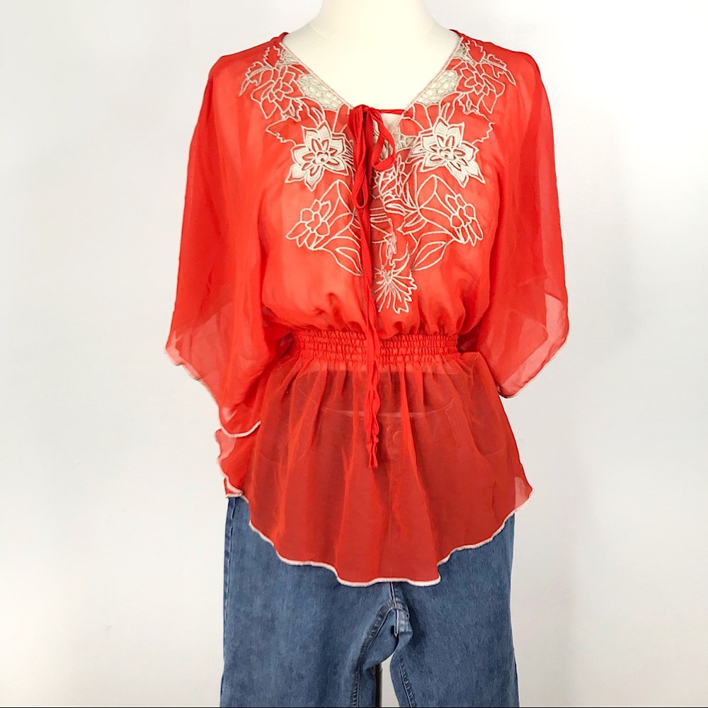 RHAPSODY Orange Sheer Flowy Flattering Top
